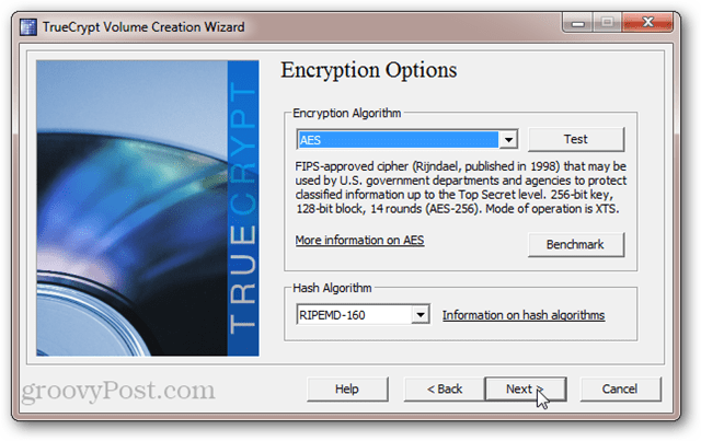 Opções de criptografia TrueCrypt: AES, SerpentFish, Twofish, Cascades