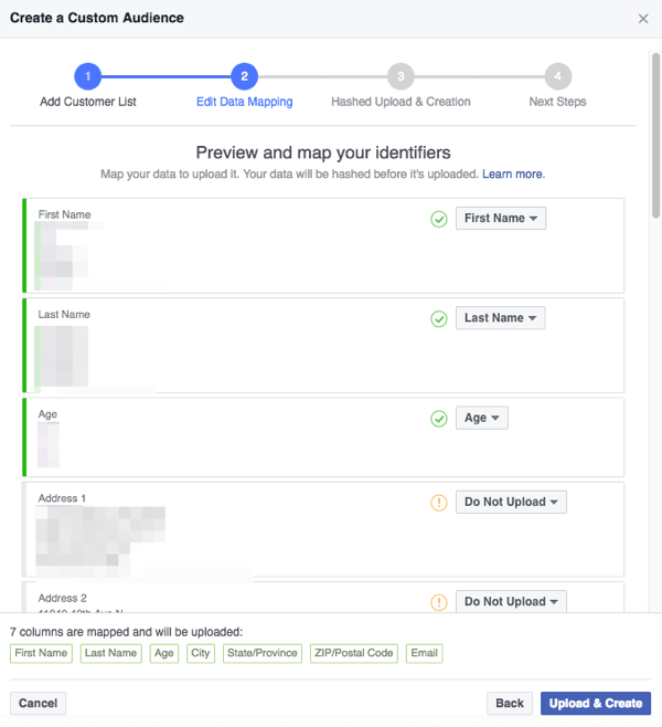 Certifique-se de que os campos detectados pelo Facebook em seu arquivo CSV estejam mapeados corretamente para as categorias que o Facebook entende.