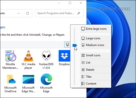 Alterar o tamanho do ícone do aplicativo no painel de controle do Windows 11