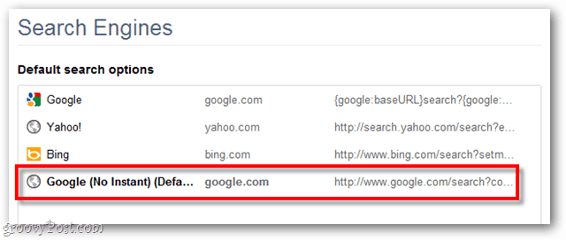 Opções de pesquisa padrão do Google Chrome