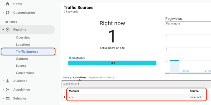 menu google analytics mostrando o relatório de fontes de tráfego em tempo real e o relatório de fontes de tráfego mostrando que o url recém-criado está sendo visto e registrado no google analytics