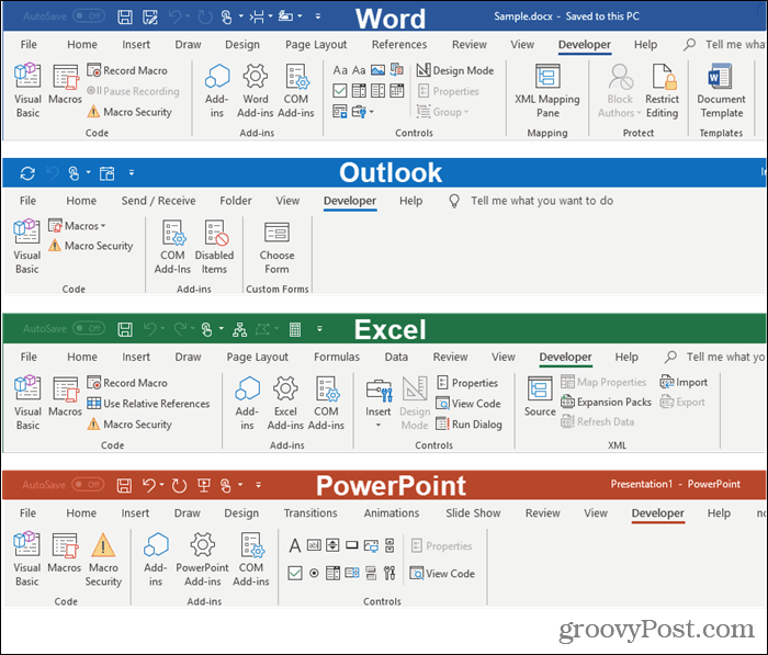 Guias do desenvolvedor nos programas do Microsoft Office