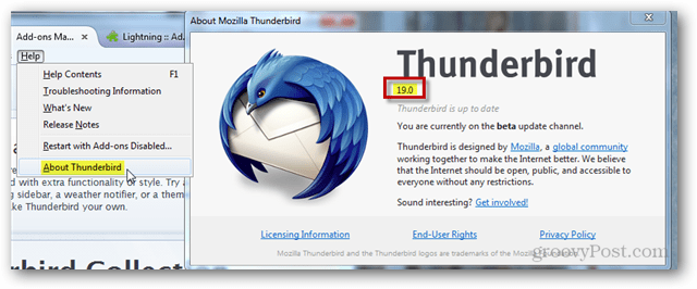 encontrar a versão thunderbird
