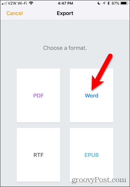 Toque em Word no Pages para iOS