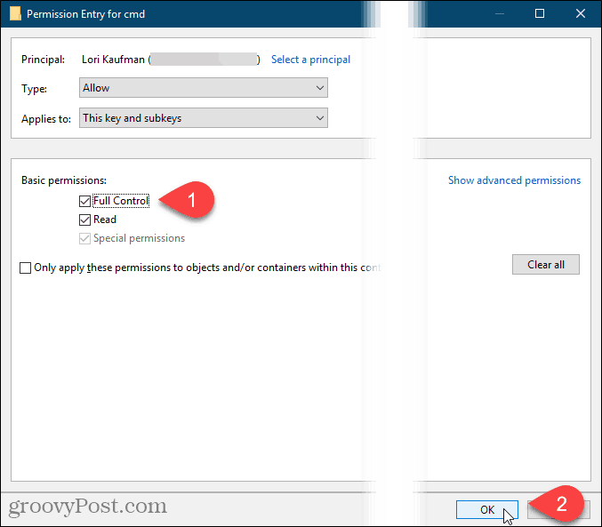 Verifique Controle total e clique em OK na caixa de diálogo Entrada de permissão no Registro do Windows