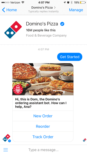 O chatbot do Domino torna mais fácil para os clientes rastrearem seus pedidos. Isso pode reduzir as ligações para a loja.