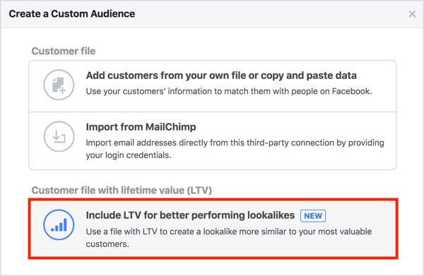 Selecione a opção Incluir LTV para melhor desempenho ao criar um público personalizado a partir de sua lista de clientes. 