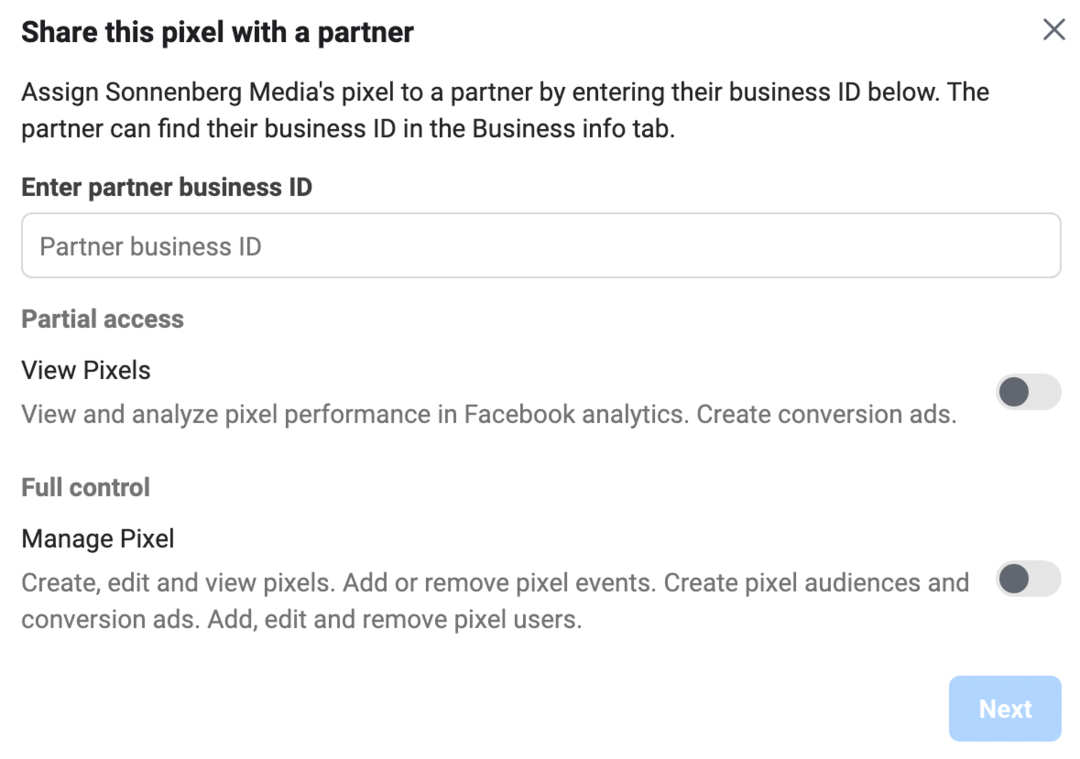 imagem da tela Compartilhar este pixel com um parceiro no Meta Business Manager