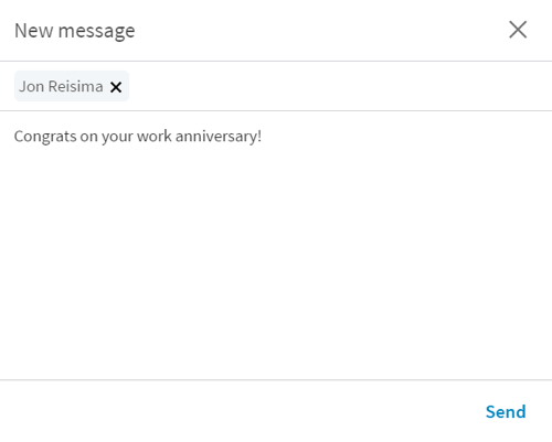 Quando você clica no botão Say Parabéns, o LinkedIn abre uma nova mensagem com um breve início.