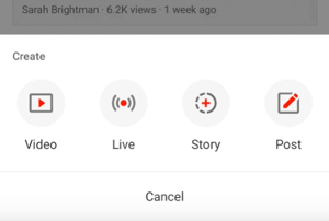 Botão Criar história do YouTube.