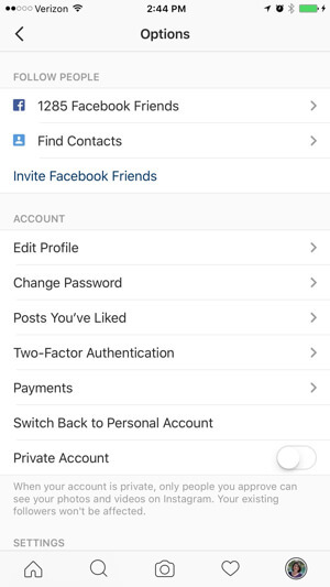 opções de perfil de negócios instagram