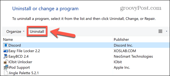 painel de controle de desinstalação do windows