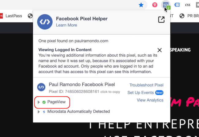 Facebook Pixel Helper mostrando evento de visualização de página