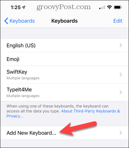 Toque em Adicionar novo teclado nas configurações do iPhone