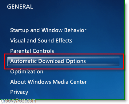 Windows 7 Media Center - clique nas opções de download automático