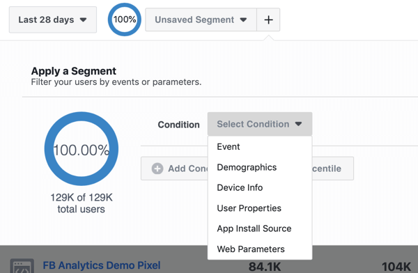 Opções de condição para seus segmentos em seus grupos de origem de eventos do Facebook Analytics.