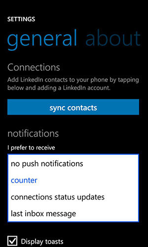 vinculado no aplicativo para opções de notificação do Windows Phone