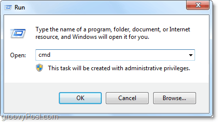 abra o cmd na caixa de diálogo executar para abri-lo automaticamente como administrador