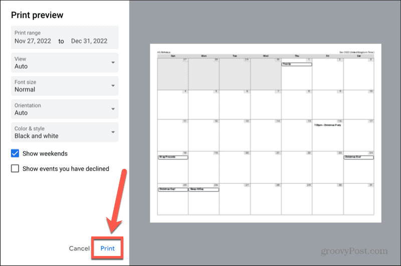 botão de impressão do calendário do google