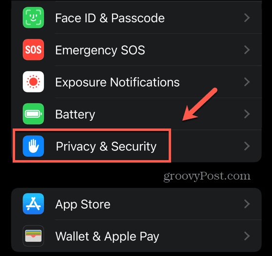 menu de privacidade e segurança do iOS