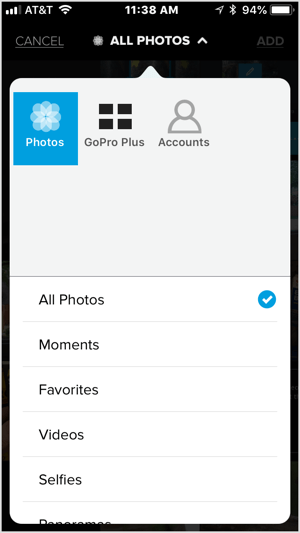 Toque no ícone + e selecione um vídeo ou cinco ou mais imagens para importar para o Quik.