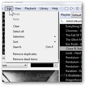 recursos do menu de edição foobar2000 remover duplicatas remover itens mortos