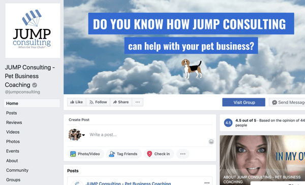 Como usar os recursos dos Grupos do Facebook, exemplo de página do Facebook para JUMP Consulting