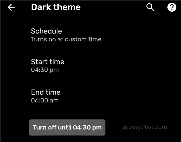 Tempo personalizado de programação de tema escuro definido