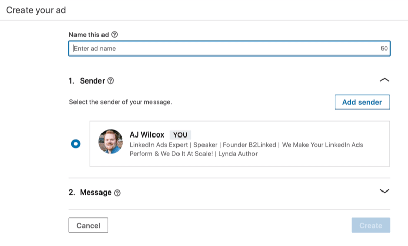 selecione o remetente para o anúncio de mensagem do LinkedIn