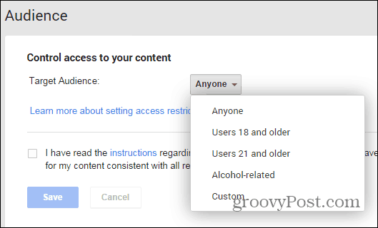 O Google+ publica álcool na página de configurações de restrição