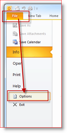 Arquivo do Outlook 2010, menu Opções