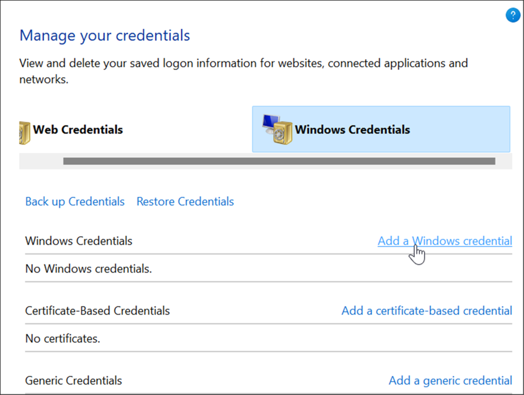 adicionar credenciais do Windows