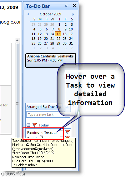 Barra de tarefas do Outlook 2007 - Passe o mouse sobre o item para obter mais detalhes