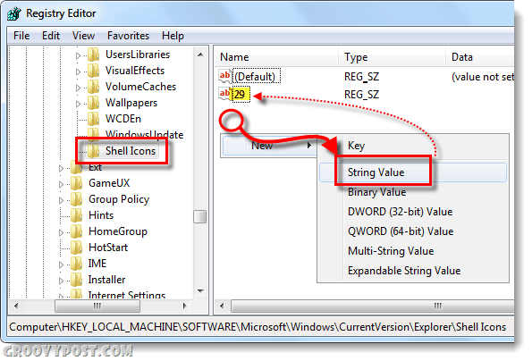 criar ícones de shell e valor de string 29 no windows 7