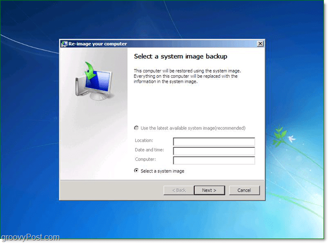 selecione seu backup de imagem do sistema Windows 7