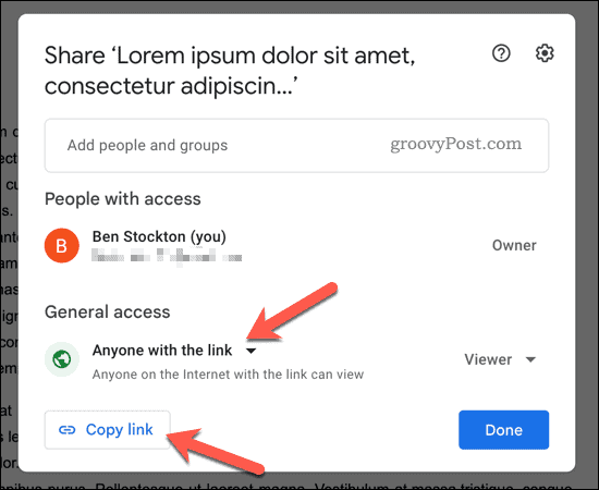 Copiando um link de compartilhamento do Google Docs