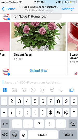 Os clientes podem navegar e selecionar produtos facilmente no chatbot 1-800-Flowers.