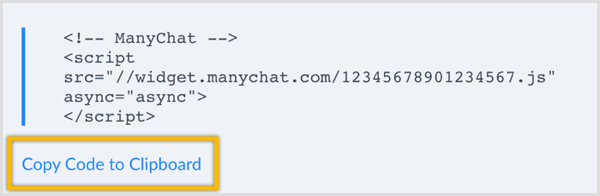 ManyChat Copiar código para a área de transferência
