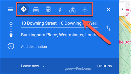 Opções de viagem no Google Maps