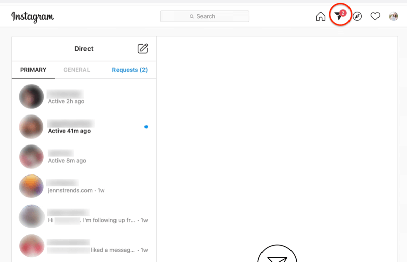 captura de tela do painel de mensagens diretas do Instagram com o ícone de avião de papel destacado