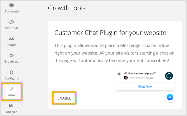 ChatFuel habilita o plugin de chat do cliente