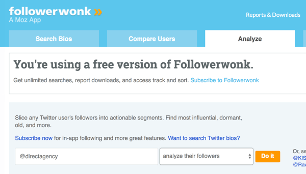 Selecione a conta do Twitter que deseja analisar com o Followerwonk.