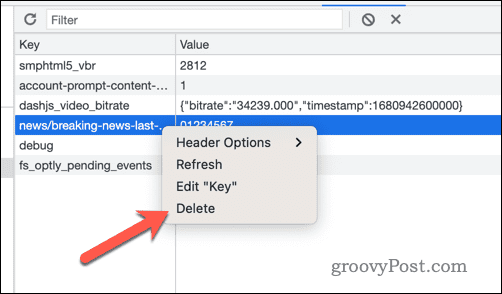 Excluir valores de chave de armazenamento local nas ferramentas de desenvolvedor do Google Chrome