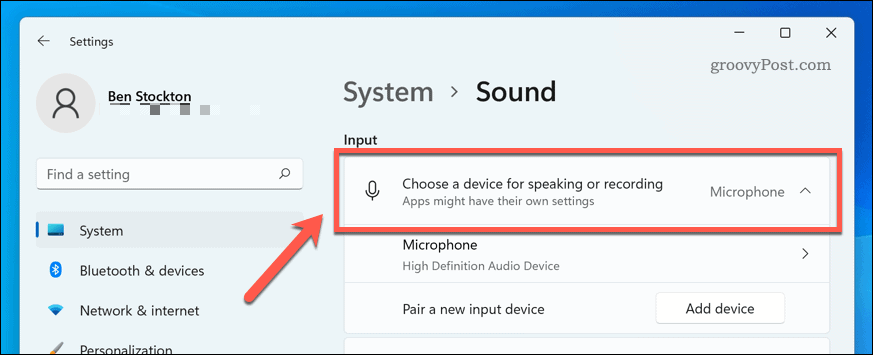Escolhendo um dispositivo de entrada de som no Windows 11