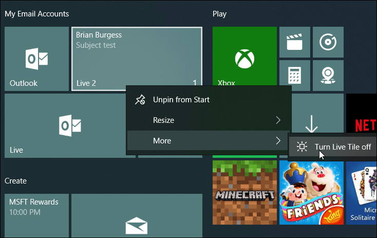 Organizar o Live Mail Tiles Windows 10 Iniciar
