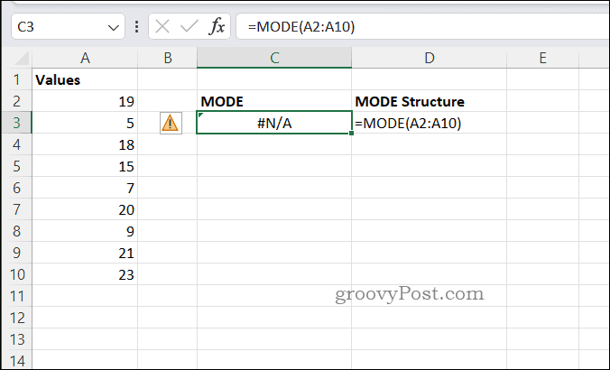 Exemplo de erro NA para MODE no Excel