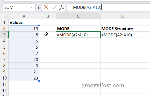 Exemplo de fórmula MODE no Excel