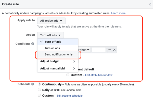 Use as regras automatizadas do Facebook, notificação quando a frequência do anúncio estiver acima de 2.1, etapa 1, conjunto de anúncios e configurações de ação