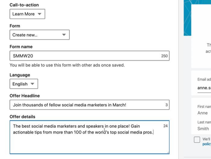 captura de tela dos campos de formulário de geração de leads do LinkedIn selecionados para anúncio do LinkedIn