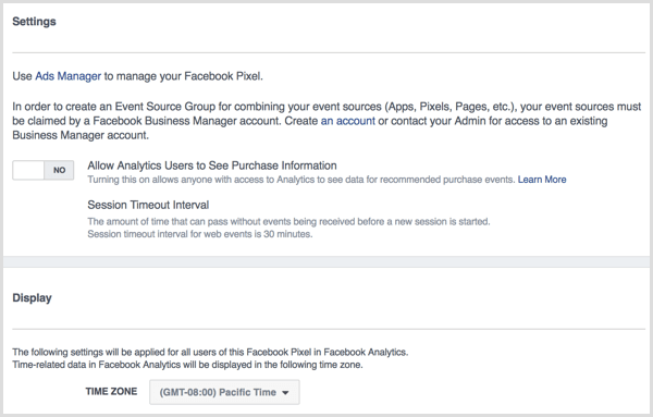 Configurações do Facebook Analytics